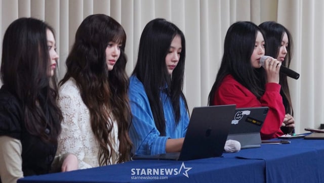 걸그룹 뉴진스(NewJeans, 해린 다니엘 민지 하니 혜인)가 서울 강남구 스페이스쉐어 삼성역센터 갤럭시홀에서 긴급 기자회견을 개최, 입장을 전하고 있다. /사진=임한별(머니S)