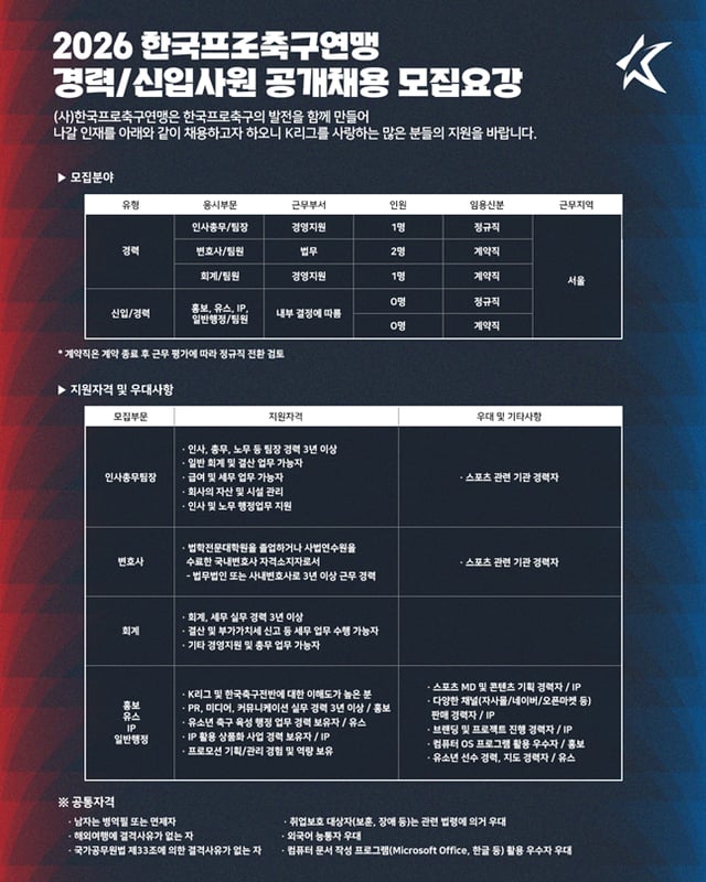 2026 한국프로축구연맹 채용 공고. /사진=한국프로축구연맹 제공