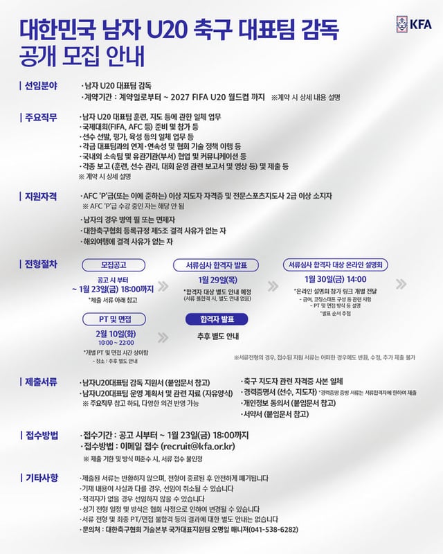 한국 남자 U-20 대표팀 감독 모집 안내문. /사진=대한축구협회 제공
