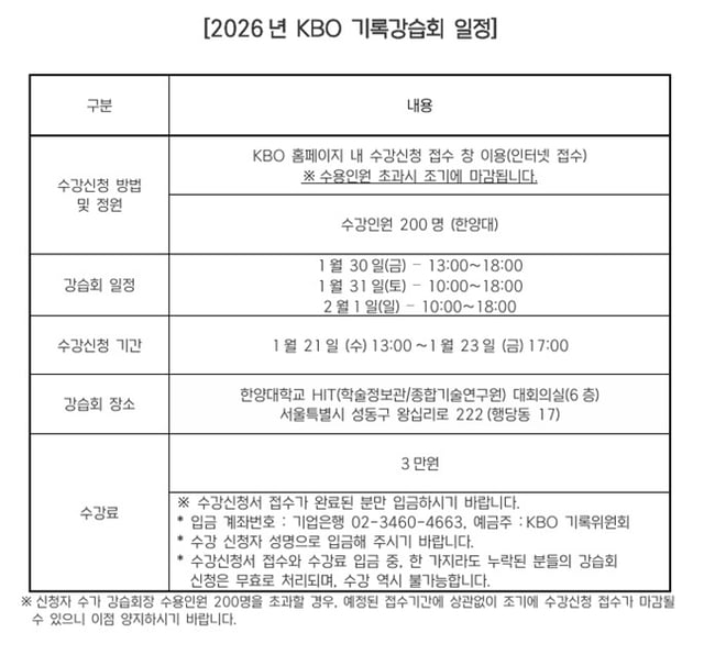 2026년 기록강습회 세부일정. /표=KBO