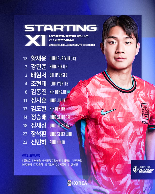 2026 AFC U-23 아시안컵 3위 결정전 베트남전 대한민국 선발 라인업. /사진=대한축구협회 제공