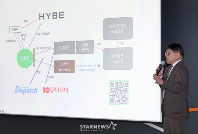 28일 오전 서울 종로구 우정국로6 교원종각빌딩에서 진행된 민희진 前어도어 대표 ‘뉴진스 탬퍼링’ 의혹 관련 공개 기자회견에서 김선웅 변호사가 입장발표를 하고 있다. /2026.01.28 /사진=이동훈 photoguy@