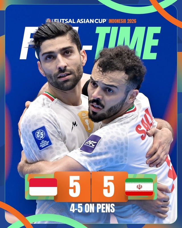 7日、インドネシア·ジャカルタのインドネシア·アリーナで行われた2026AFCフットサルアジアカップ決勝で、インドネシアをPK戦の末、破って首位に立ったイラン。 /写真=AFC SNSキャプチャ