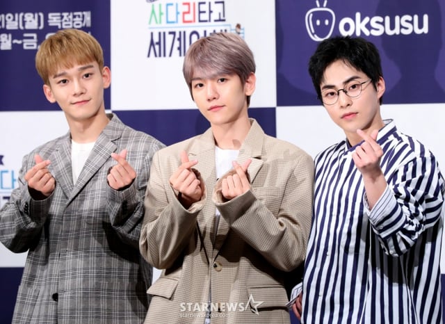 그룹 엑소 첸, 백현, 시우민이 29일 오후 서울 논현동 임피리얼팰리스호텔에서 열린 옥수수 예능 '엑소의 사다리 타고 세계여행 - 첸백시 일본편' 제작발표회에서 포즈를 취하고 있다. 2018.05.29 /사진=홍봉진기자 honggga@