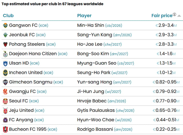지난 10일 기준 FIFA 산하 CIES가 책정한 K리그 구단별 시장가치 1위 선수들. /사진=CIES 홈페이지 캡처