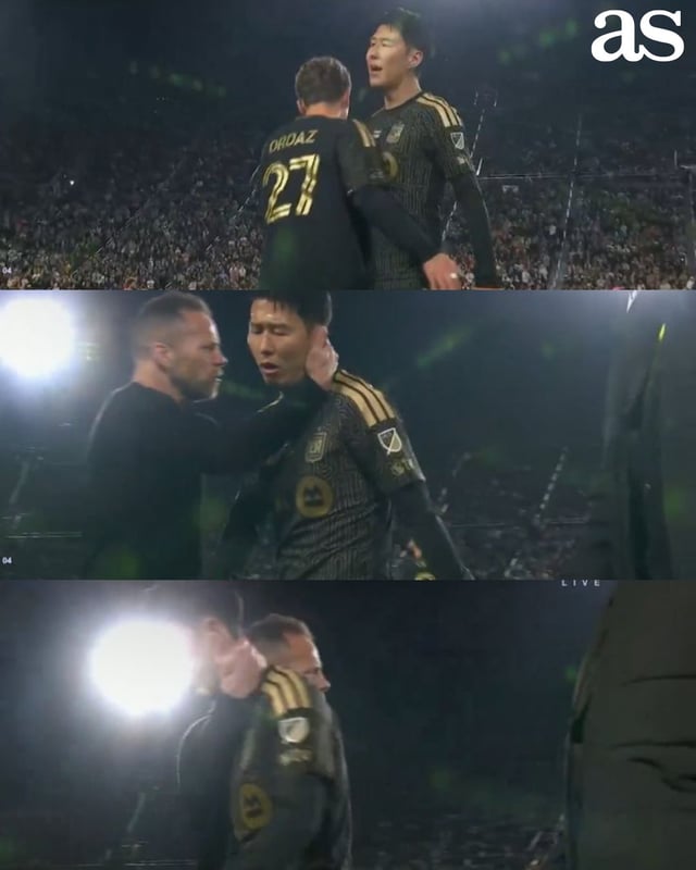 로스앤젤레스(LA)FC 손흥민이 22일 미국 LA 메모리얼 콜리세움에서 열린 2026 미국 프로축구 메이저리그사커(MLS) 인터 마이애미전에서 후반 43분 교체된 뒤 마크 도스 산토스 감독에게 불만을 표출하고 있다. /사진=아스 캡처