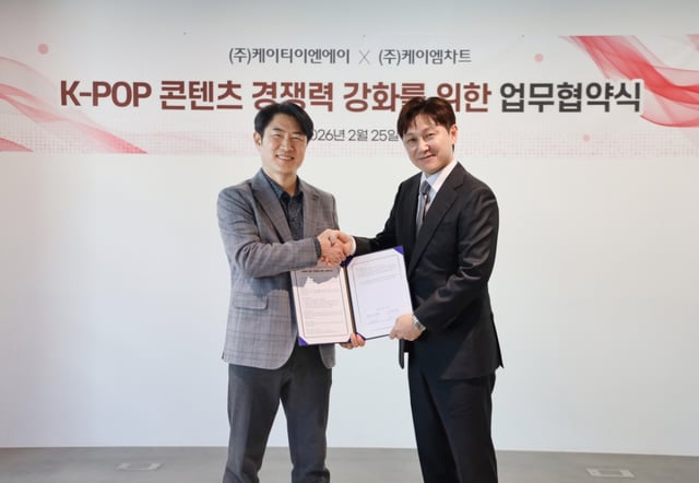 김호상 KT ENA 대표이사(왼쪽)와 윤성빈 KM차트 대표(오른쪽) / 사진 제공=ENA, KM차트