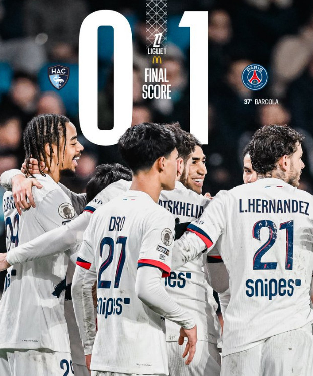 PSGは1日（韓国時間）、フランス·ルアーブルのスタッド·オセアンで行われたルアーブルとの「2025-2026シーズンフランスリーグ1」24ラウンド遠征で、李カンインの助けを受けたブラッドリー·バルコラの得点に支えられ、1-0で勝利した。/写真=PSG公式SNSまとめ