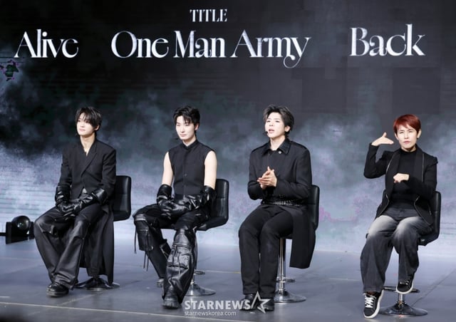 그룹 빅오션이 3일 서울 마포구 쇼킹 케이팝 센터에서 진행된 미니3집 'THE GREATEST BATTLE' 발매 기념 쇼케이스에서 질의응답을 하고 있다. /2026.03.03 /사진=김휘선 hwijpg@