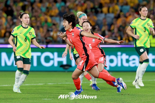 대한민국 여자 축구대표팀 김신지가 8일 호주 시드니에서 열린 호주와의 2026 AFC 여자 아시안컵 조별리그 최종전에서 기뻐하고 있다. /AFPBBNews=뉴스1