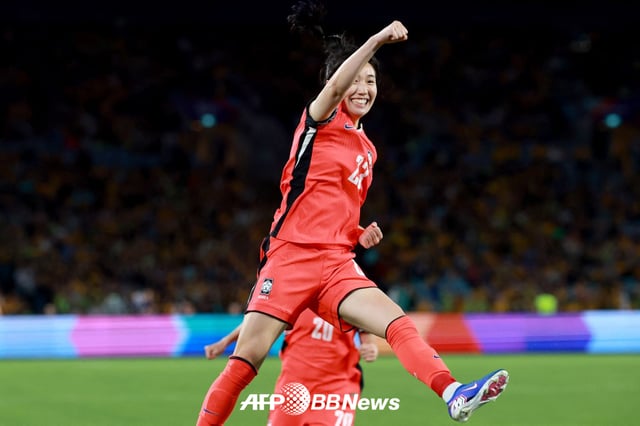 대한민국 여자 축구대표팀 강채림이 8일 호주 시드니에서 열린 호주와의 2026 AFC 여자 아시안컵 조별리그 최종전에서 기뻐하고 있다. /AFPBBNews=뉴스1
