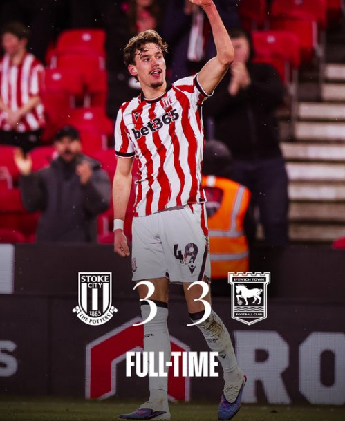 Stoke drew 3-3 after a slugfest in the 37th round of the "2025-2026 English Championship" against Ipswich at Bet365 Stadium in Stoke-on-Trent, England on the 11th (Korea time). /Photo =Stoke City official SNS Source