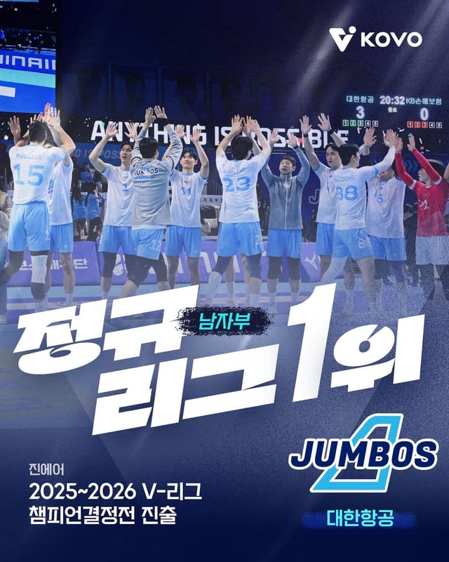 프로배구 남자부 정규리그 1위에 오른 대한항공. /사진=한국배구연맹 제공