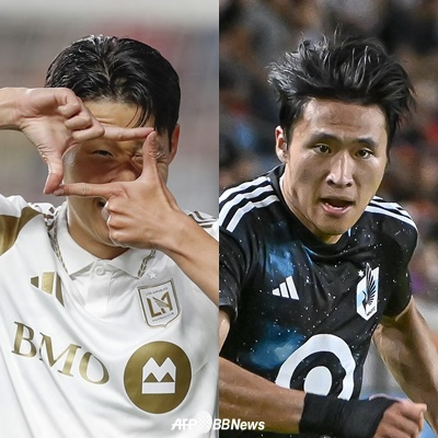 Los Angeles FC striker Son Heung-min (left) and St. Louis City's Jung Sang-bin. /AFPBBNews=News1