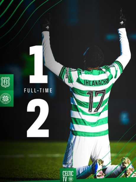 Celtic won 2-1 in the 32nd round of the "2025-2026 Scottish Premiership" against Dundee at Dens Park in Dundee, Scotland on the 6th (Korea Standard Time). The photo shows Kelechi Iheanacho scoring the winning goal. /Photo = Celtic official SNS Source
