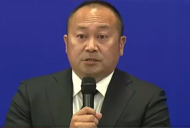 아이다 켄타로 사장이 21일 기자회견에서 발언하고 있다. /사진=일본 TVU 뉴스 캡처