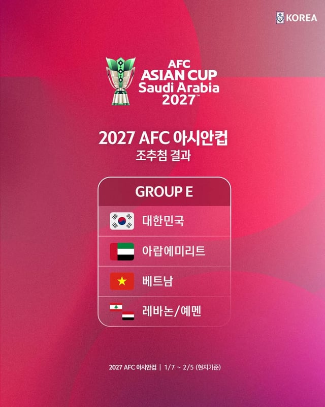 2027サウジアラビアAFCアジアカップ本大会の組み合わせ抽選結果。 サッカー大韓民国代表チームはアラブ首長国連邦(UAE)、ベトナム、レバノン/イエメンとE組に属した。 /写真=大韓サッカー協会提供