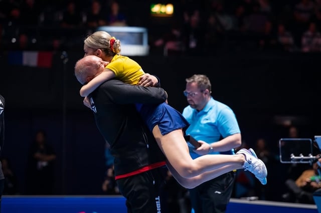 The Romanian women's Tak Gu (CEO) team celebrating after confirming their semi-final qualification. /Photo=International Table Tennis Federation official SNS