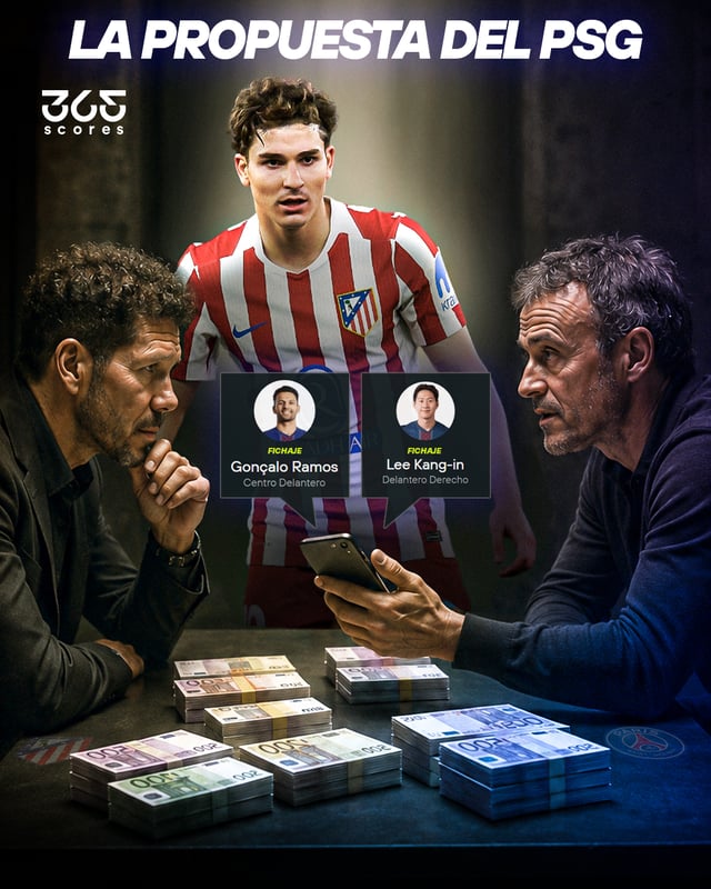 Lee Kang-in and Goncalo Ramos, mentioned as trade cards in connection with Paris Saint-Germain's (PSG) plan to sign Julian Alvarez (center). On the left is Diego Simeone, Atletico Madrid manager; on the right is Luis Enrique, PSG manager. /Photo=365 Scores SNS capture