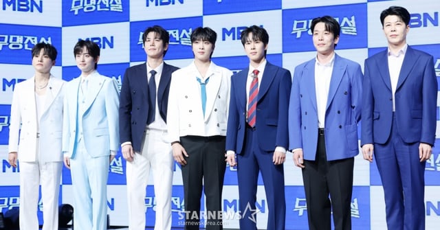 가수 성리, 하루, 장한별, 황윤성, 정연호, 이창민, 이루네가 20일 서울 마포구 상암 쇼킹케이팝센터에서 진행된 MBN 오디션 '무명전설' 톱7 기자간담회에 참석해 포즈를 취하고 있다./ 2026.05.20 /사진=김휘선 hwijpg@