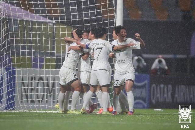 20일 오후 7시 수원종합운동장에서 열린 아시아축구연맹(AFC) 여자 챔피언스리그(AWCL) 준결승 경기 중 득점에 기뻐하는 내고향여자축구단. /사진=대한축구협회(KFA) 제공