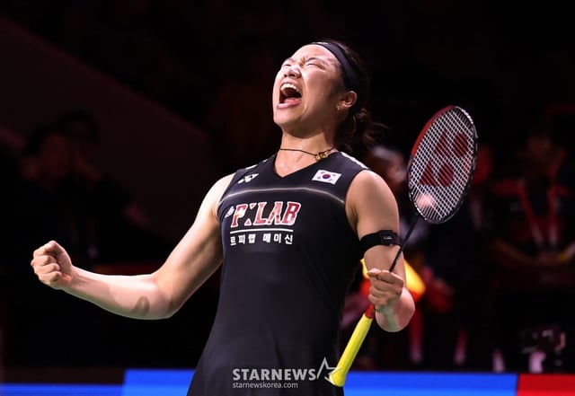 안세영이 7일(한국시간) 인도네시아 자카르타에서 열린 2026 세계배드민턴연맹(BWF) 월드투어 슈퍼 1000 인도네시아 오픈 결승에서 일본의 야마구치 아카네를 꺾고 우승을 차지한 뒤 포효하고 있다. /로이터=뉴스1