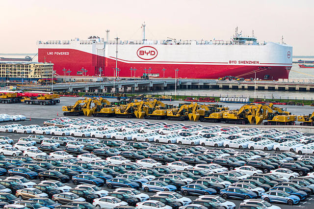 BYD vehicles waiting for export at a port