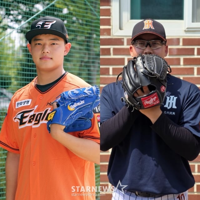 한화 지명 당시 광주진흥고 문동주(왼쪽)와 현재 진흥고 주장 김민훈. /사진=김동윤 기자, 한화 이글스 제공