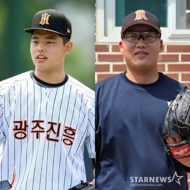 광주진흥고 시절 문동주(왼쪽)과 현 진흥고 주장 김민훈. /사진=김동윤 기자, OSEN 제공 