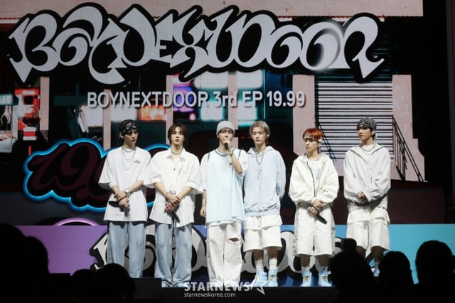 그룹 보이넥스트도어(BOYNEXTDOOR) 태산, 성호, 명재현, 이한, 리우, 운학이 9일 오후 서울 용산구 블루스퀘어에서 미니3집 '19.99' 발매 기념 쇼케이스를 열고 인사말을 하고있다. 2024.09.09 /사진=임성균