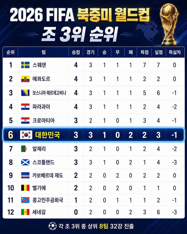 26일 현재 2026 북중미 월드컵 조 3위 순위. /사진=AI 제작 이미지.