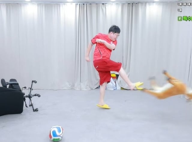 인형에게 사커킥을 날리고 있는 감스트. /사진=감스트GAMST 유튜브 캡처