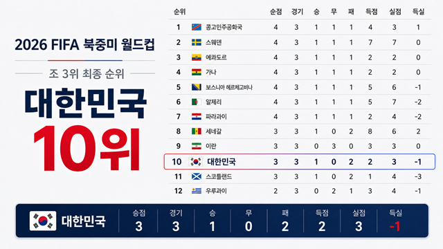 2026年北中米W杯組3位の順位表。 /写真=AI制作イメージ。