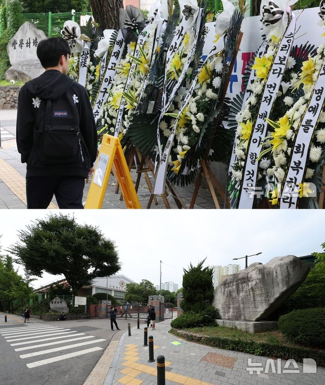 근조화환으로 가득했던 배재고 교문 앞이 2일 서울 강동구청에 의해 철거 집행으로 깨끗해졌다. /사진=뉴시스 제공