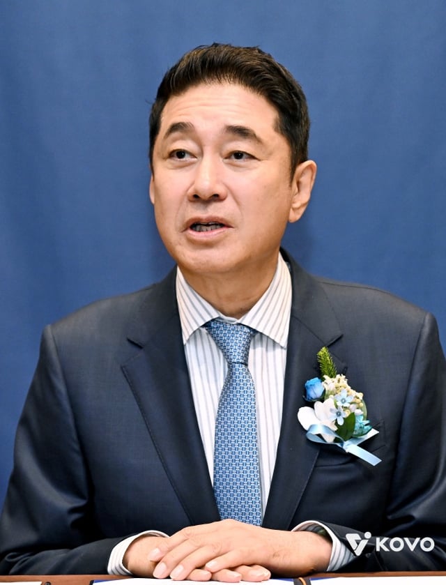 이호진 제9대 한국배구연맹 총재가 3일 서울 한남동 그랜드하얏트 서울에서 열린 KOVO 제9대 취임 기자회견에서 발언하고 있다. /사진=한국배구연맹 제공