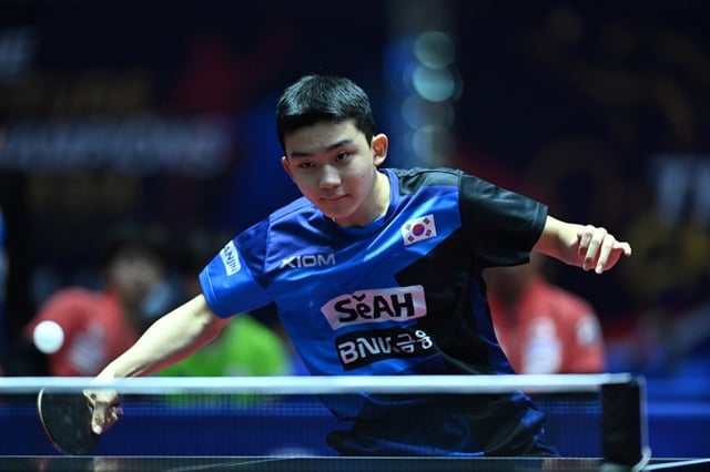 대전동산중 이승수가 3일 제30회 아시아청소년탁구선수권대회 U-15 남자단식 경기에 나서고 있다. /사진=태국탁구협회 제공.