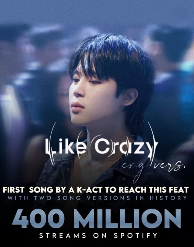 BTSのジミン『Like Crazy』、韓国語版に続き英語版もSpotifyで4億回