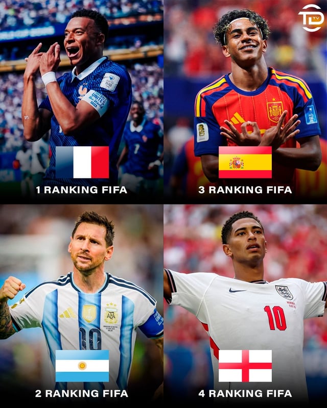 2026 국제축구연맹(FIFA) 북중미 월드컵 4강에 오른 프랑스와 아르헨티나, 스페인, 잉글랜드. FIFA 랭킹 1~4위 팀이 월드컵 4강 대진을 채운 건 이번이 처음이다. /사진=TDTV SNS 캡처