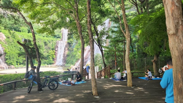 폭포앞에는 숲그늘이 드리워진 나무테크 공감이 있어 무더위를 필할 수 있다