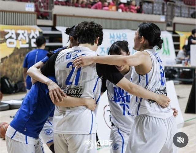 檀国(タングク)大学の選手たちがMBC杯の優勝に喜んでいる。 /写真=韓国大学バスケットボール連盟SNS