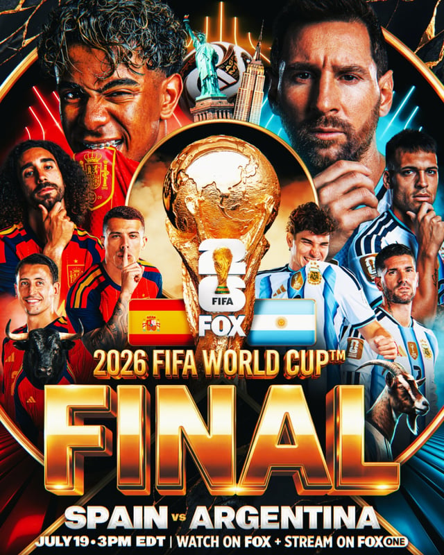 España y Argentina se enfrentarán en la final de la Copa Mundial de la FIFA 2026 de Norteamérica, Centroamérica y el Caribe, que se celebrará el próximo día 20 a las 4:00 horas en el estadio de Nueva Jersey, en Nueva York (EE. UU.). /Foto=Captura de redes sociales de Fox Sports