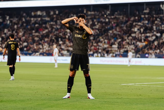 Son Heung-min celebrates with a "click" gesture after scoring against LA Galaxy at Dignity Health Sports Park in Carson, California, USA, on the 18th (Korean time) during the 2026 Major League Soccer (MLS) regular-season Round 32 away match. /Photo=LAFC SNS capture