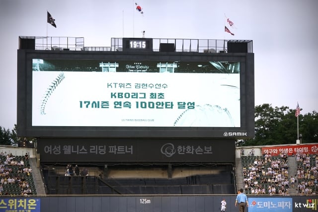 LG 구단이 18일 잠실 KT전에서 전광판을 통해 김현수의 KBO 리그 최초 17시즌 연속 100안타 기록을 축하했다. /사진=KT 위즈 제공