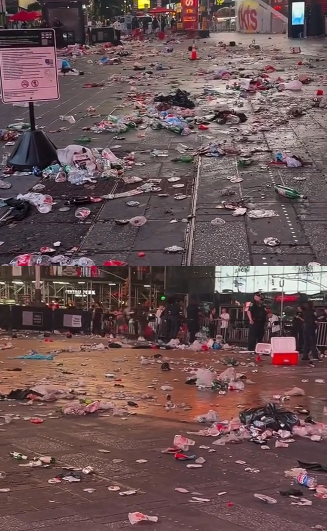 New York's Times Square covered in trash following street support from Argentina fans. /Photo=Radio de la Red capture