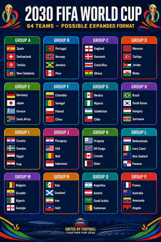 Simulated virtual group draw results assuming the 2030 FIFA World Cup expands to a 64-nation format. /Photo=FWC30 SNS screenshot