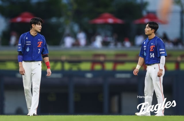 /Photo=Hanwha Eagles provided: Hanwha Eagles' Sim Woo-jun (left) and Oh Jae-won.
