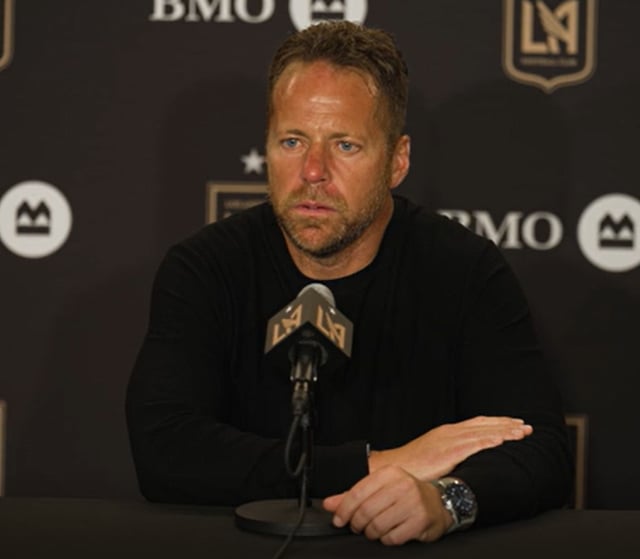 Marc Dos Santos, head coach of LAFC, speaks during a post-match press conference after the 2026 MLS Round 18 match against Sporting Kansas City at BMO Stadium in Los Angeles, California, USA, on Monday, Oct. 26, at 11:30 a.m. Korean time. /Photo=LAFC official email video screenshot
