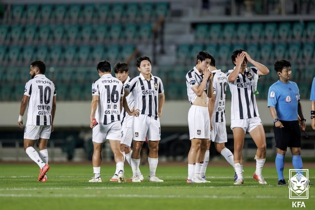 FC서울 선수들이 29일 부산 구덕운동장에서 열린 K리그2 부산 아이파크전 패배로 코리아컵 32강에서 탈락한 뒤 아쉬워하고 있다. /사진=대한축구협회 제공
