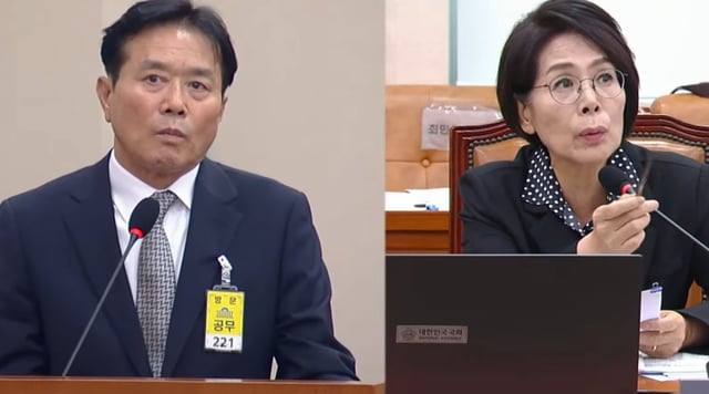Moon Jin-hee, Korea Football Association Shim Pan-wi (Director), changed expression in response to questions from Democratic Party of Korea lawmaker Choi Min-hee (on the right). /Photo=Hearing video capture