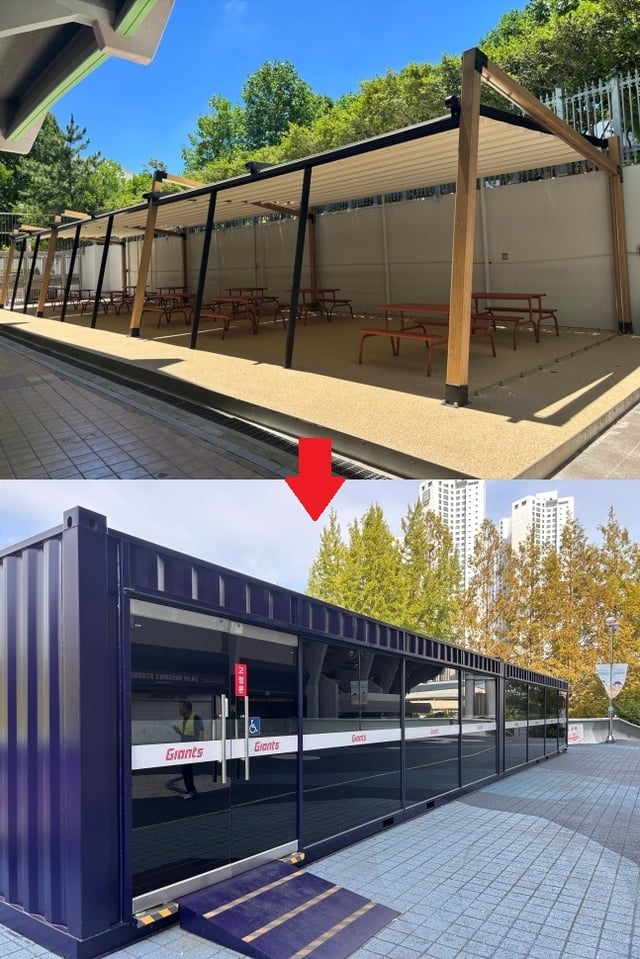 The heat shelter provided by the Lotte organization. The top image shows last year's shelter, while the bottom shows this year's. Opened three hours before game start on weekends to protect fans from extreme heat. /Photo=Lotte Giants